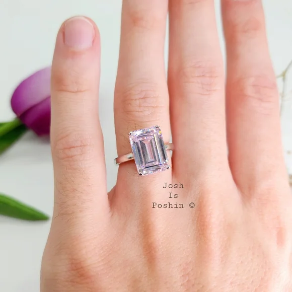 7CT Emerald cut pink diamond solitaire ring in sterling silver